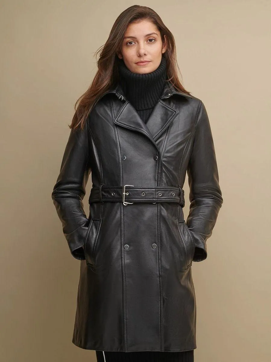 Classic Black Leather Belted Trench Coat | QAWACH