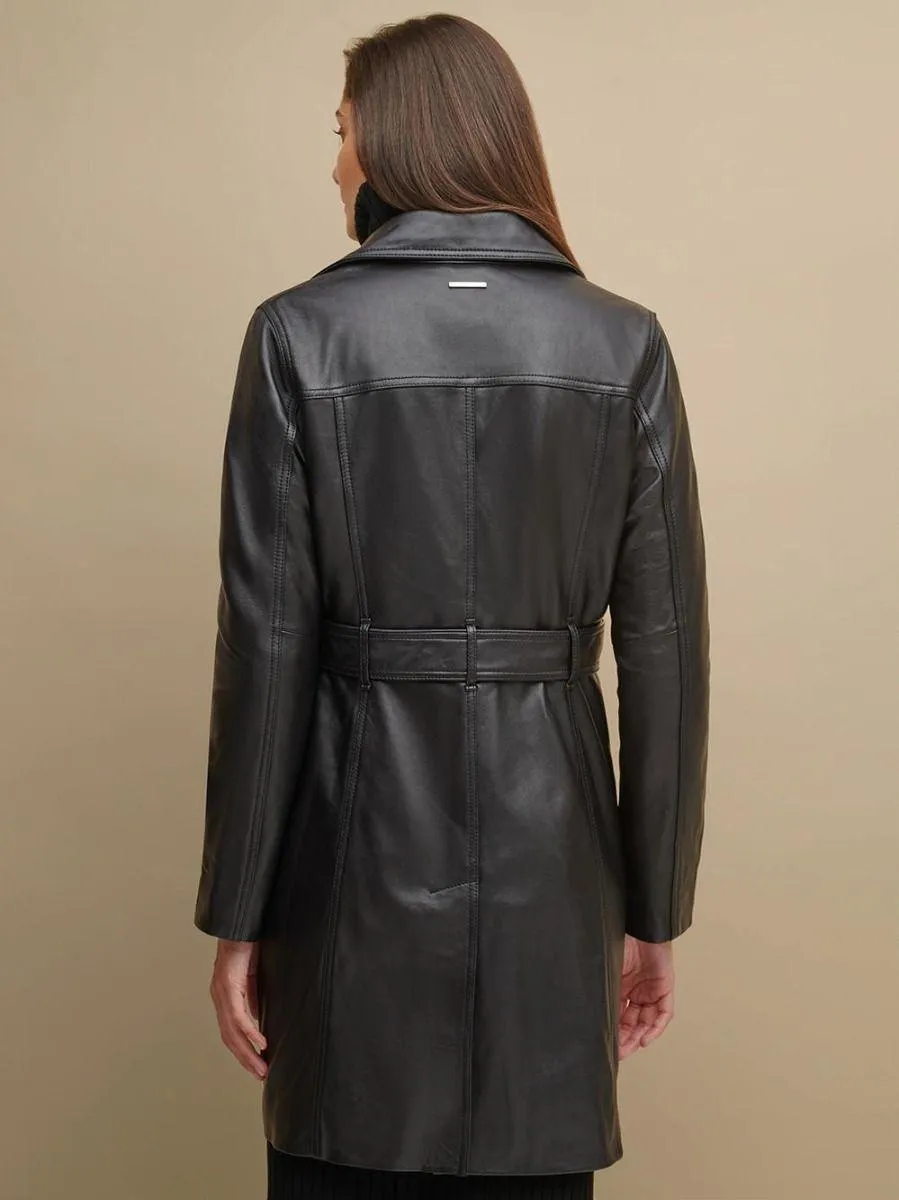 Classic Black Leather Belted Trench Coat | QAWACH