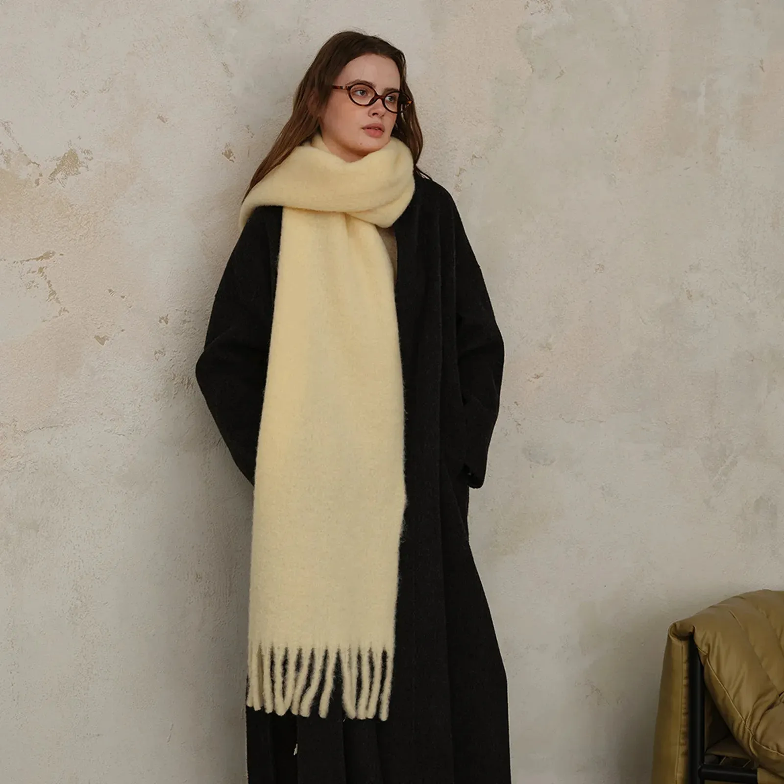 Classic Wool Blend Solid Tassel Winter Scarf for Women