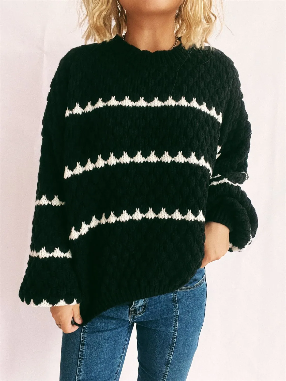 Contrast Stripes Round Neck Long Sleeve Sweater | Winter Fashion | Cozy Weaher