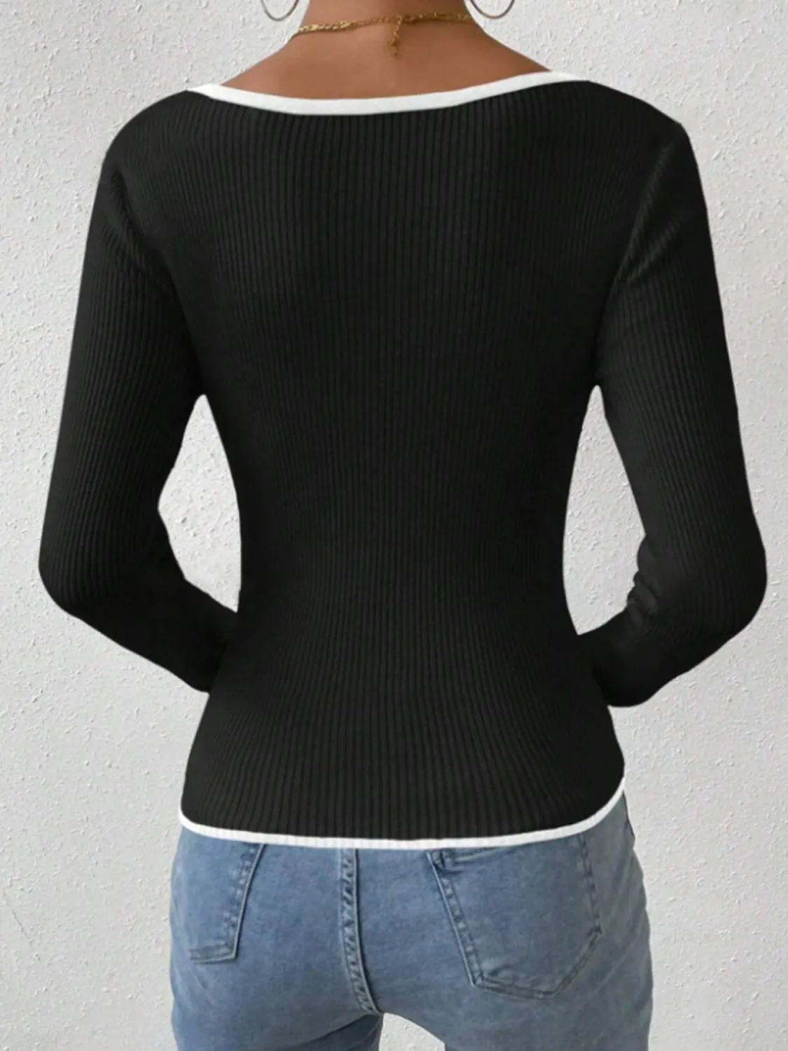 Contrast Trim Long Sleeve Knit Top | Winter Fashion | Classic Fashion