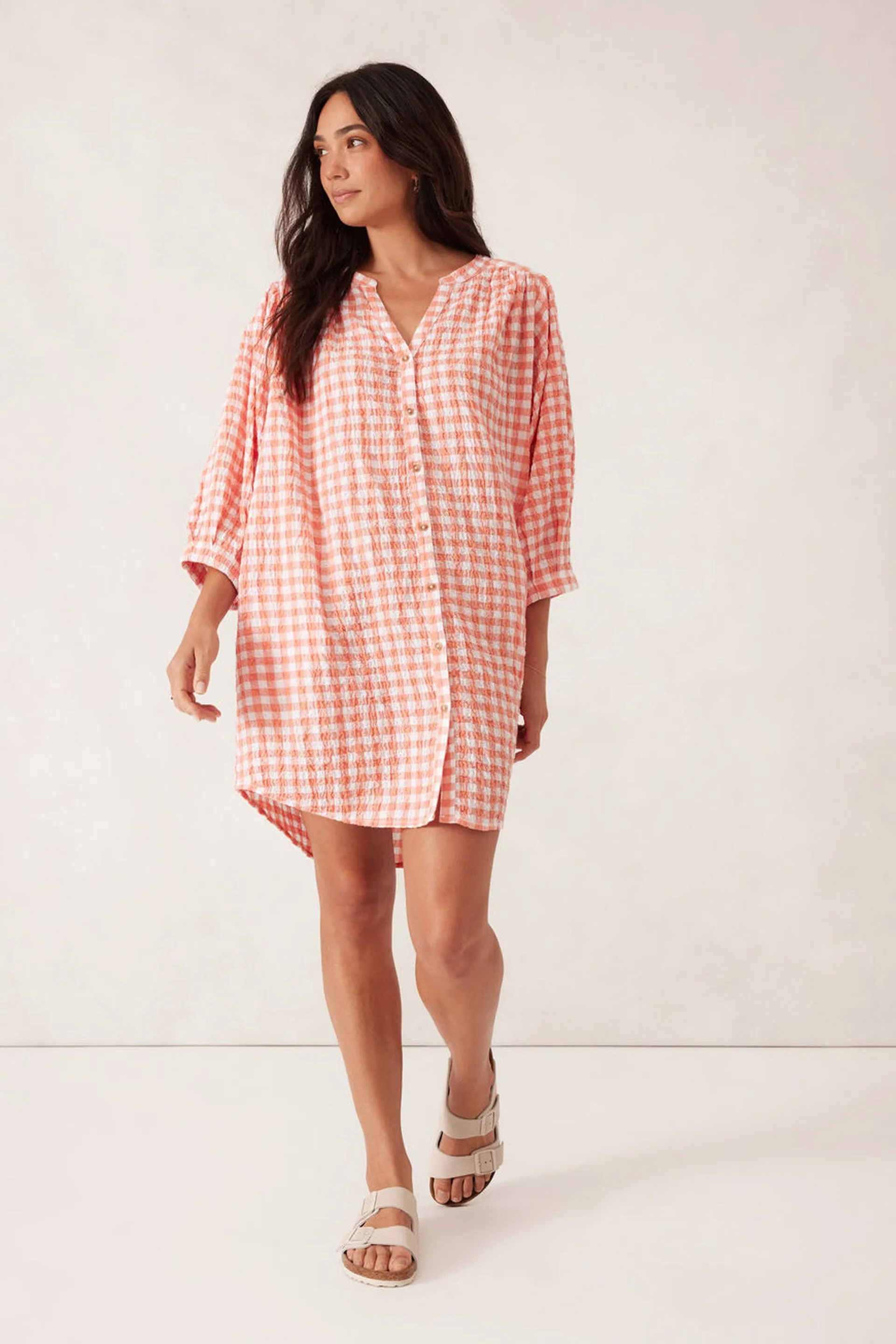 Crinkle Mini Dress - Coral/White Gingham