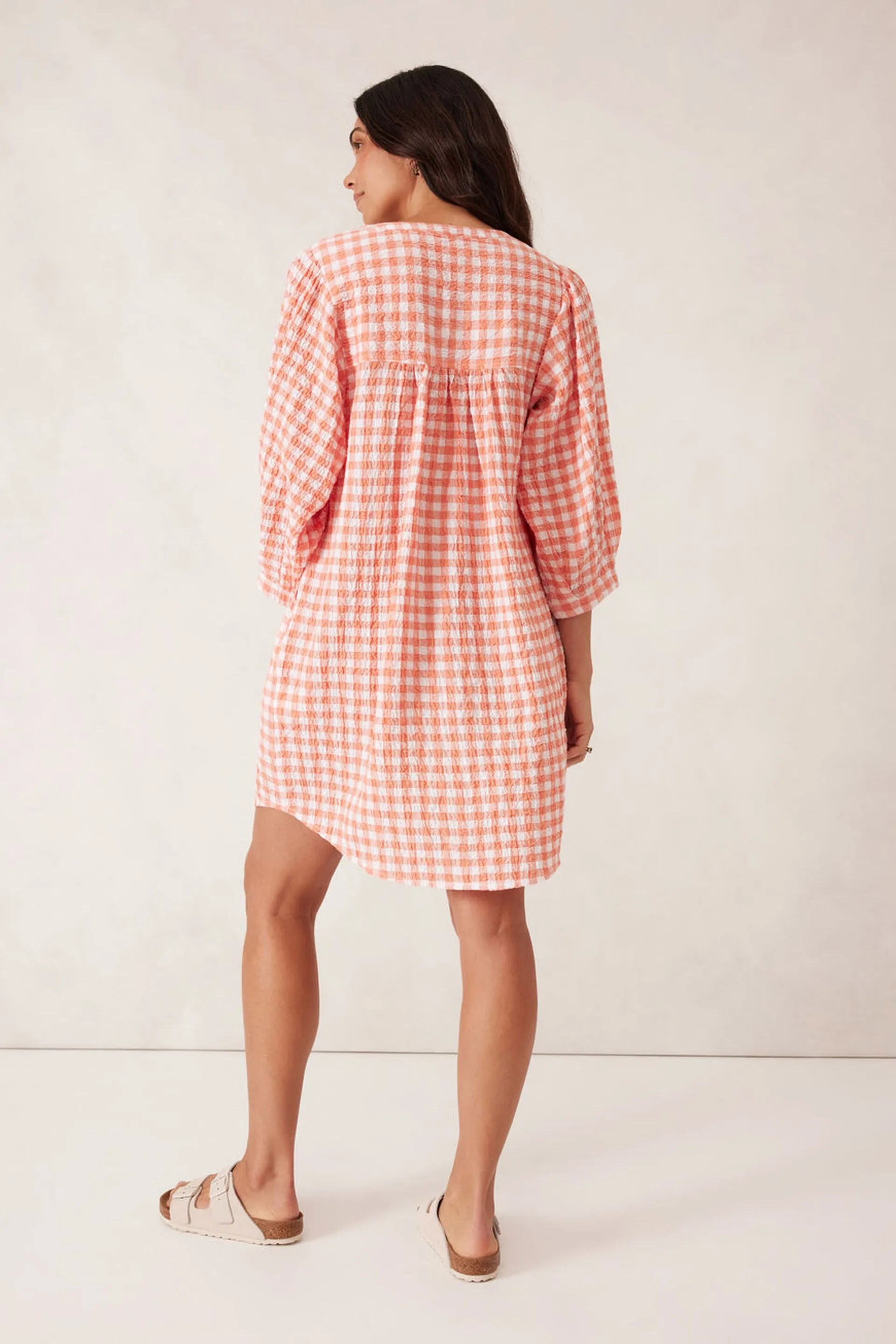 Crinkle Mini Dress - Coral/White Gingham