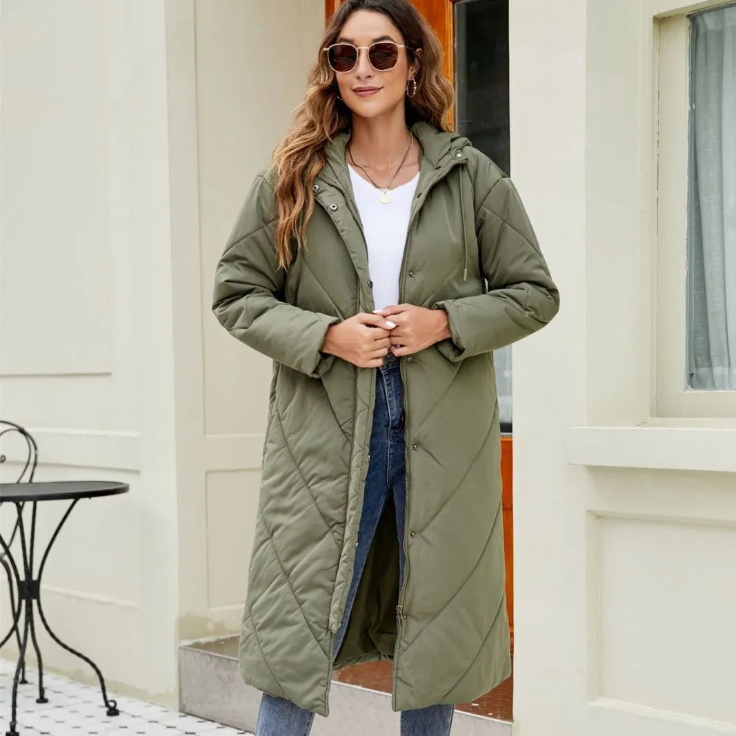 Cross-border Europe, America,  women's solid color hooded extended cotton-padded clothing fashion plaid zipper slim long-sleeved jacket