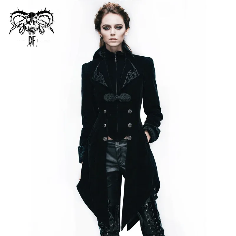 CT02001 gothic ladies embroidered high collar black dovetail velveteen coat