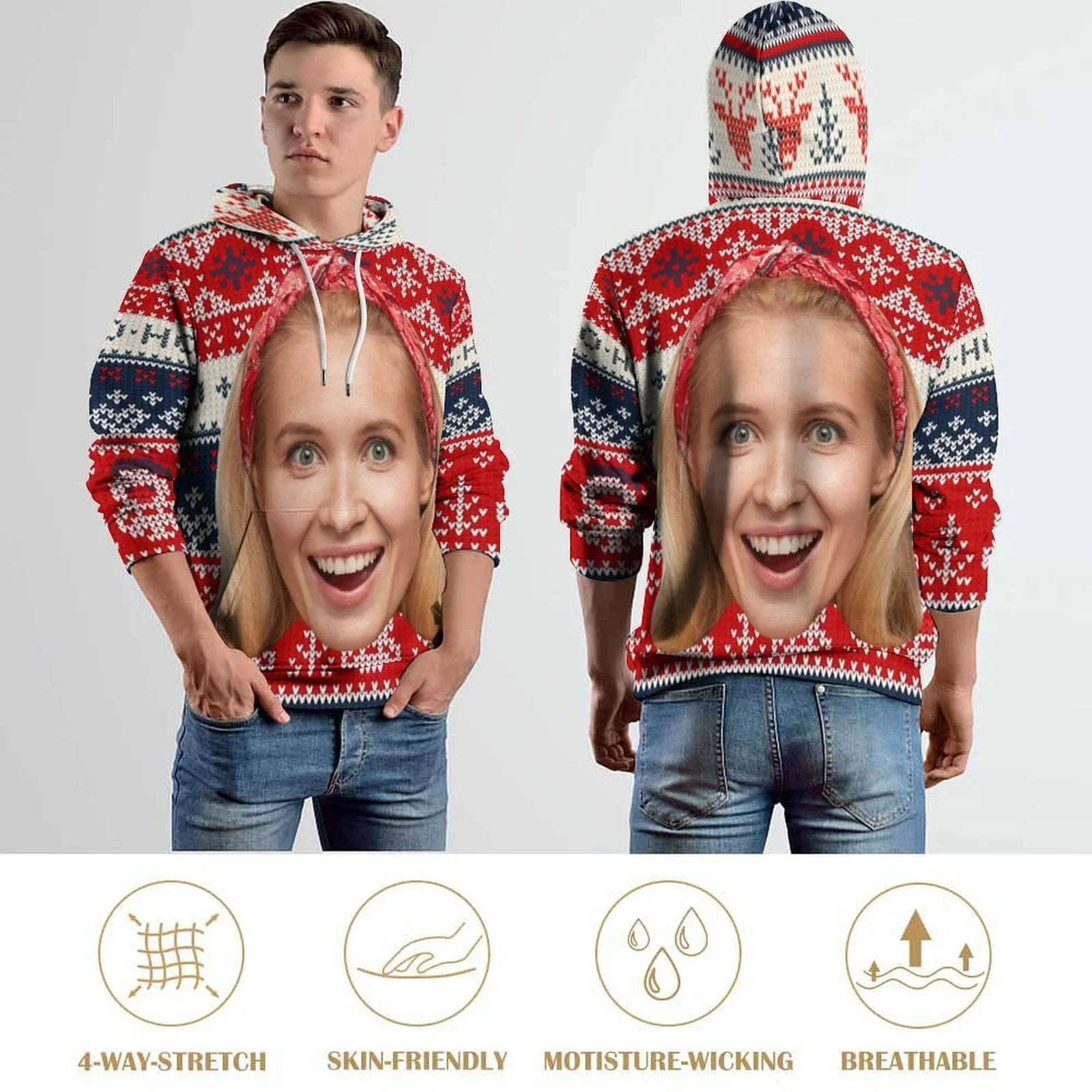 Custom Big Face Snowman Ugly Christmas Hoodie Unisex Personalized Loose Hoodie Top Outfits