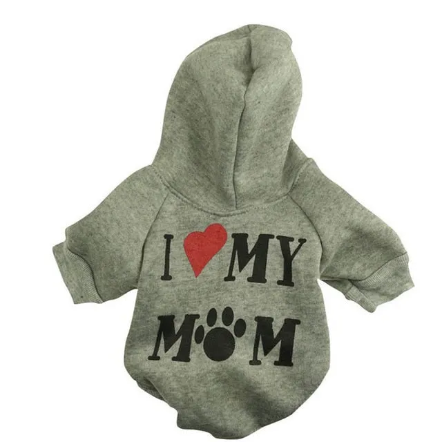 Cute Statement I Love My Mom Winter Hoodie For Small Dogs