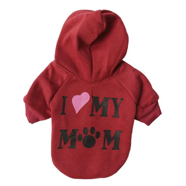 Cute Statement I Love My Mom Winter Hoodie For Small Dogs