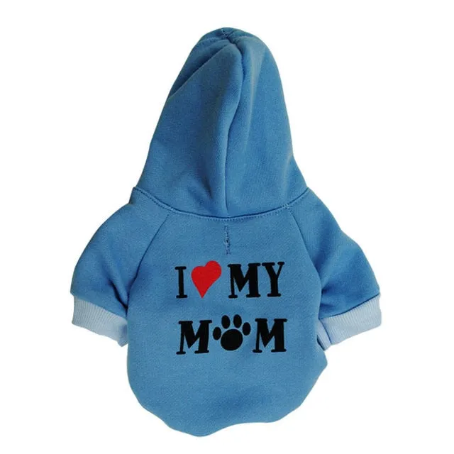 Cute Statement I Love My Mom Winter Hoodie For Small Dogs