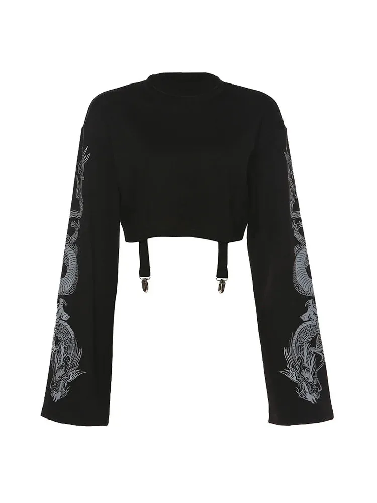 Dragon Print Black Crop Top Hoodie for Gothic Punk Grunge Style