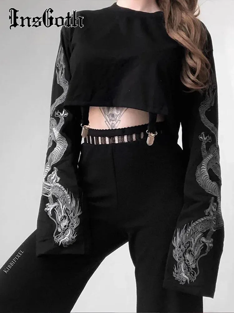 Dragon Print Black Crop Top Hoodie for Gothic Punk Grunge Style