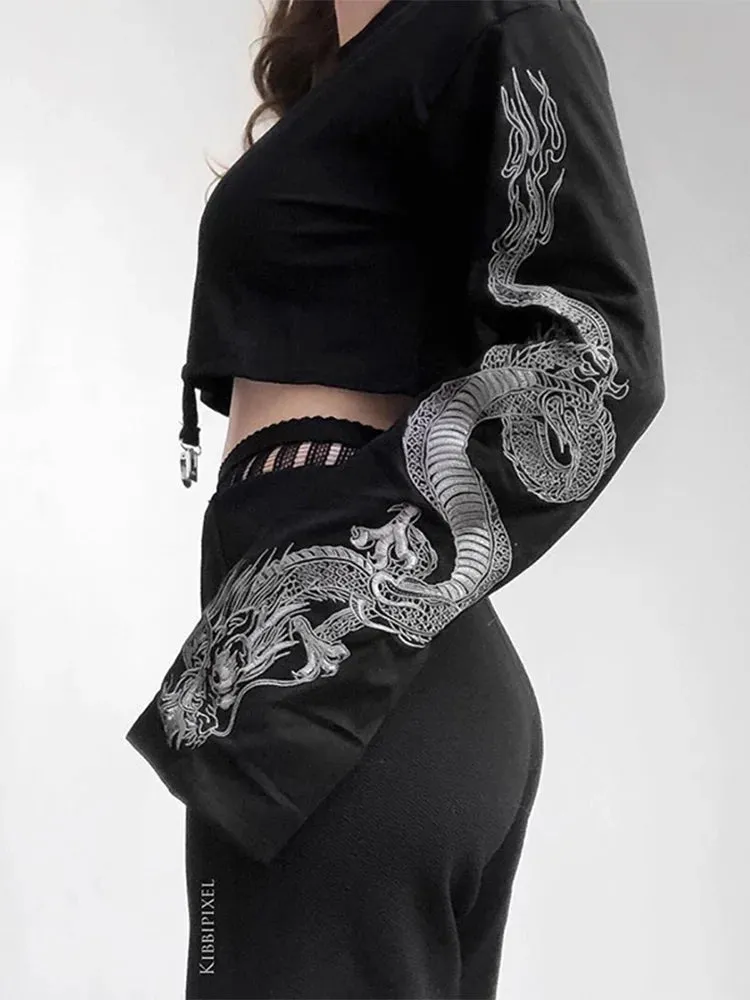 Dragon Print Black Crop Top Hoodie for Gothic Punk Grunge Style