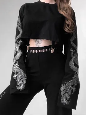 Dragon Print Black Crop Top Hoodie for Gothic Punk Grunge Style