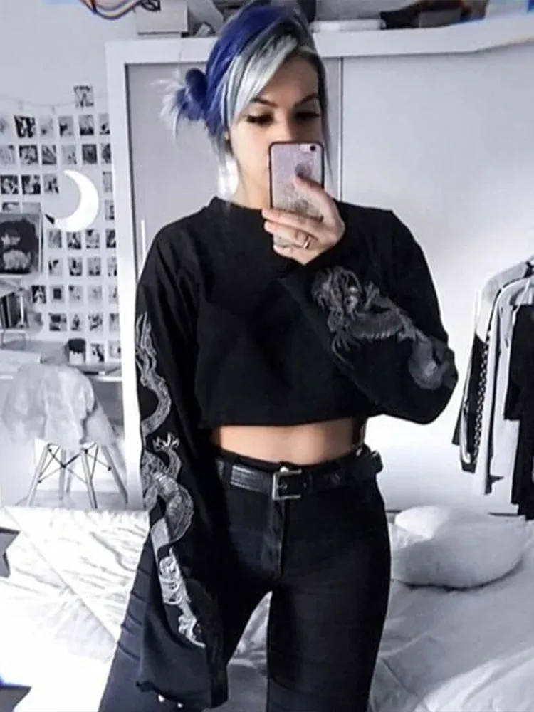 Dragon Print Black Crop Top Hoodie for Gothic Punk Grunge Style