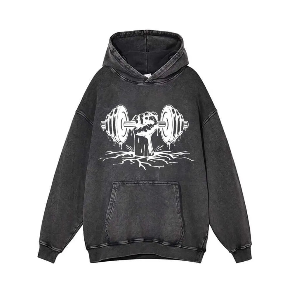 Dumbbell Lifting Pattern Vintage Washed Hoodie