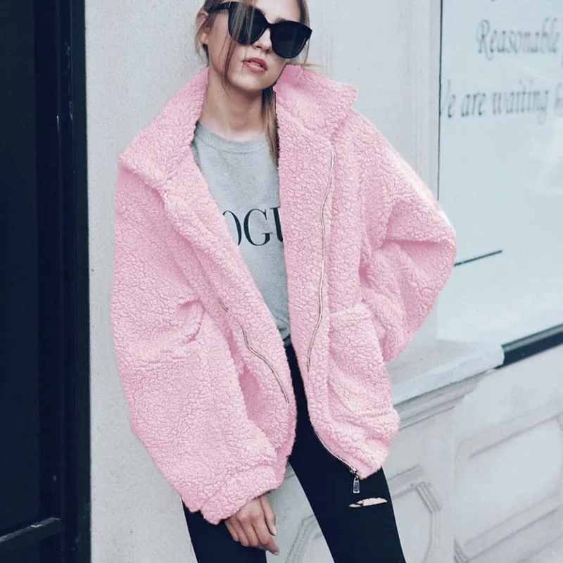 Faux Fur Coat Warm Soft Zipper Jacket Plush Overcoat Pocket