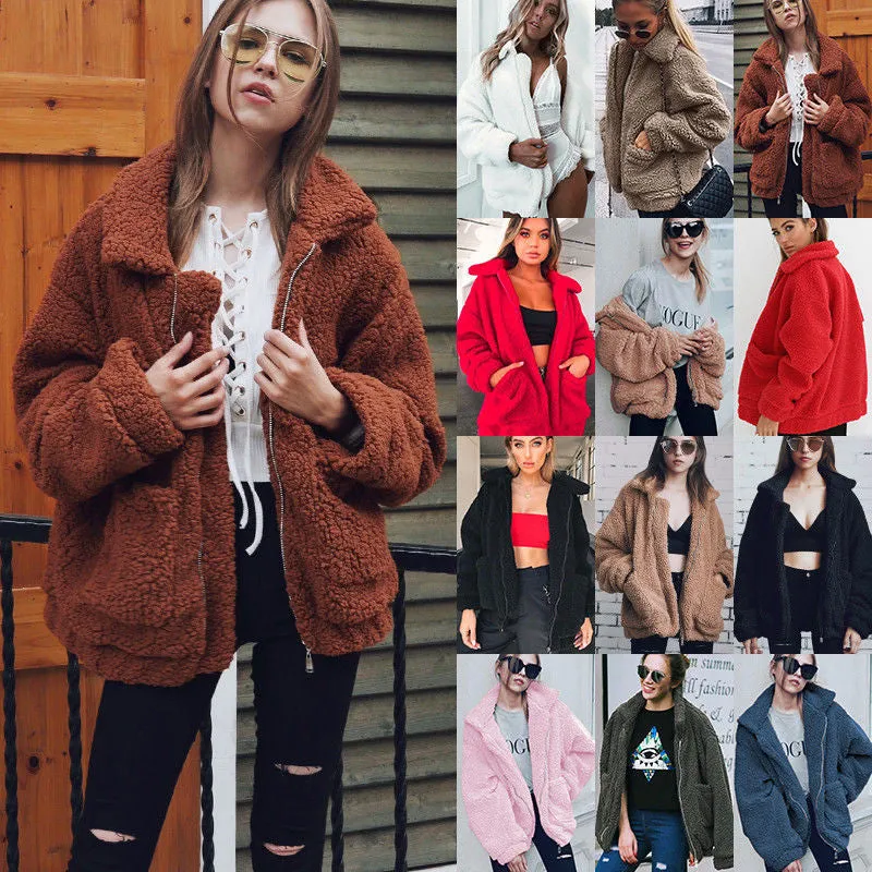 Faux Fur Coat Warm Soft Zipper Jacket Plush Overcoat Pocket