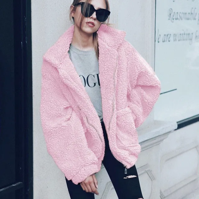 Faux Fur Coat Warm Soft Zipper Jacket Plush Overcoat Pocket