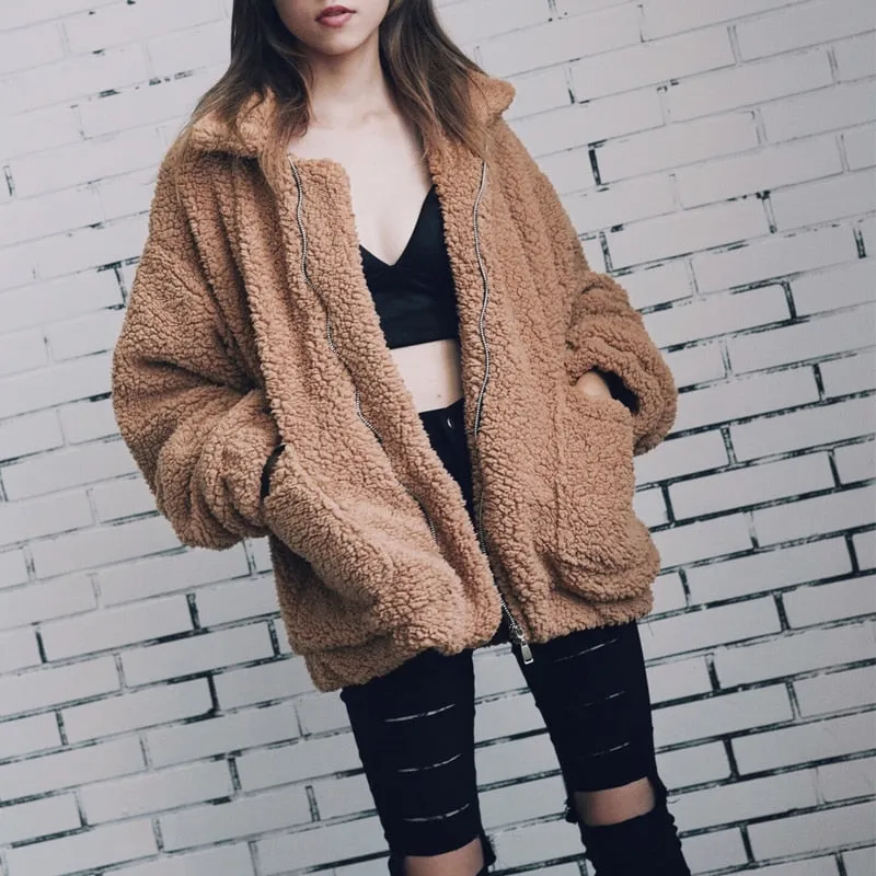 Faux Fur Coat Warm Soft Zipper Jacket Plush Overcoat Pocket