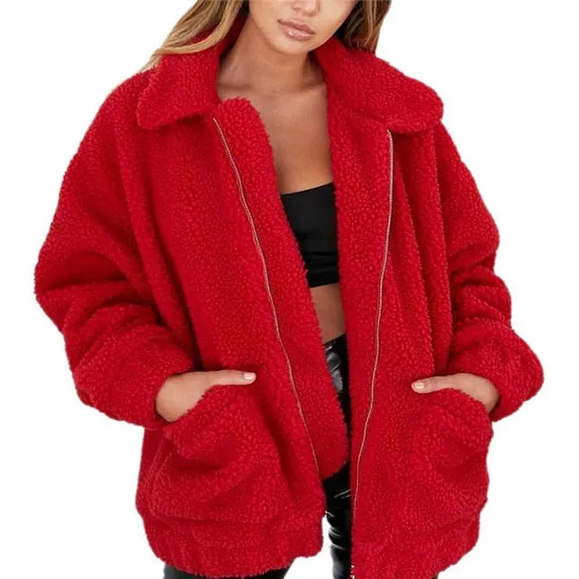 Faux Fur Coat Warm Soft Zipper Jacket Plush Overcoat Pocket