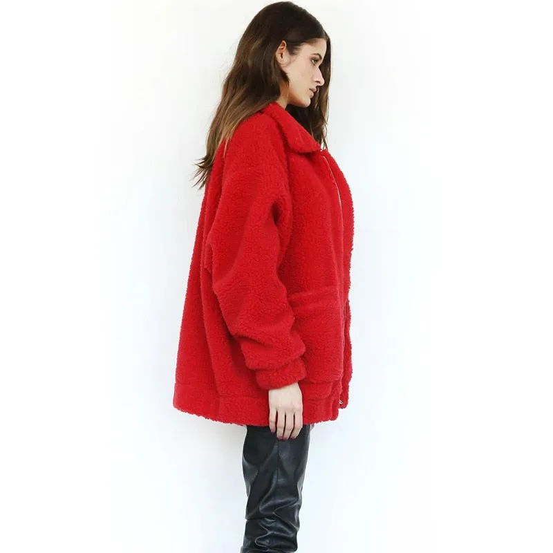 Faux Fur Coat Warm Soft Zipper Jacket Plush Overcoat Pocket