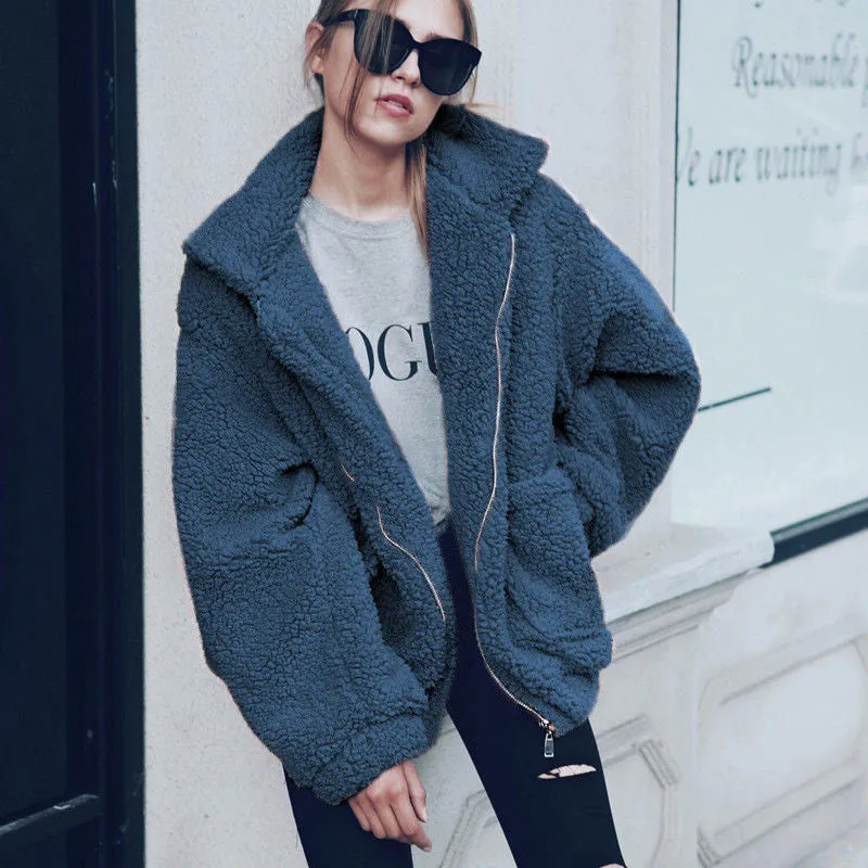 Faux Fur Coat Warm Soft Zipper Jacket Plush Overcoat Pocket