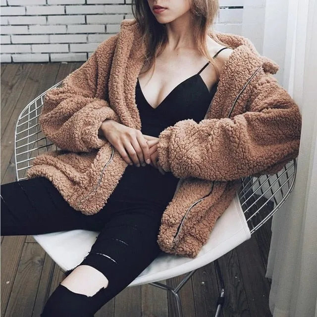 Faux Fur Coat Warm Soft Zipper Jacket Plush Overcoat Pocket