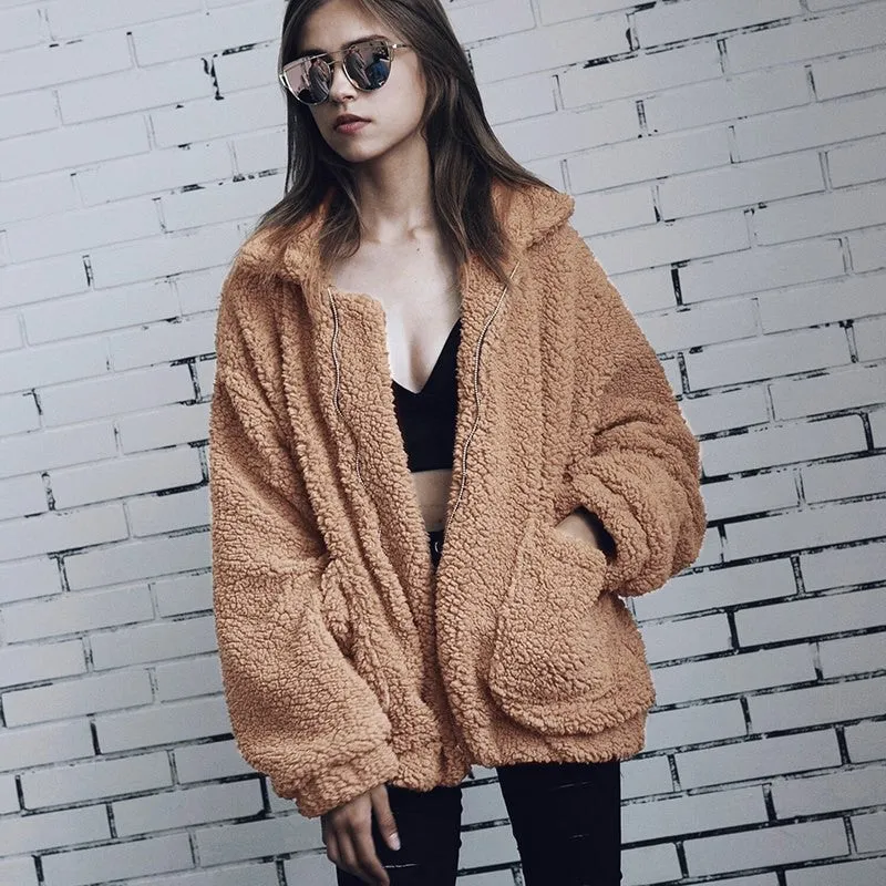 Faux Fur Coat Warm Soft Zipper Jacket Plush Overcoat Pocket