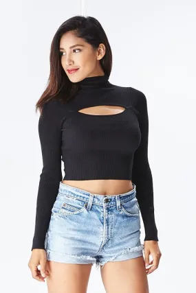 FINAL SALE-THE MYSTYLEMODE BLACK OPEN FRONT TURTLENECK LONG SLEEVE KNIT CROP TOP