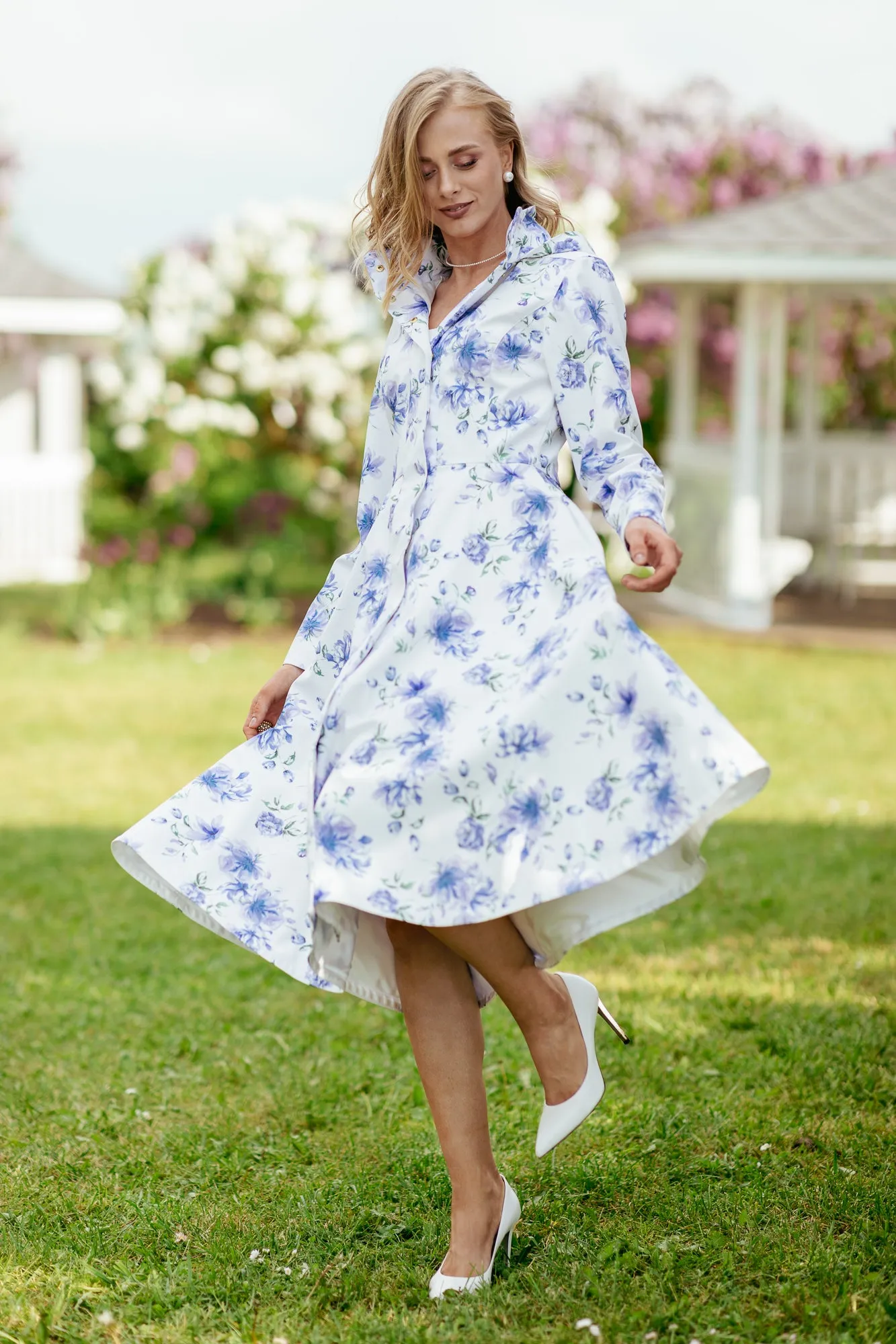 Fit and Flare Coat with A-Line Skirt in White with Blue Flower Print | 'Floral White'