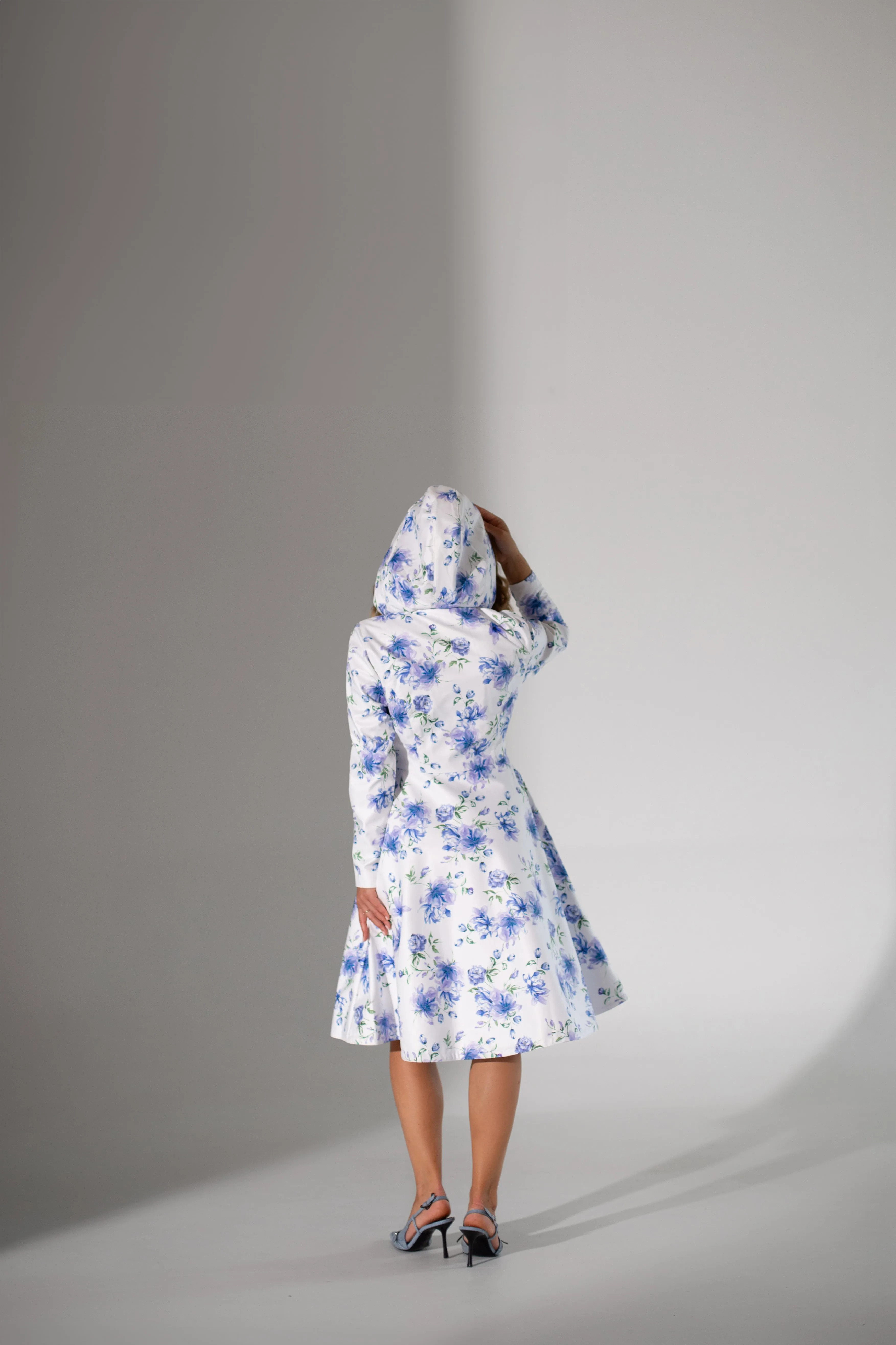 Fit and Flare Coat with A-Line Skirt in White with Blue Flower Print | 'Floral White'