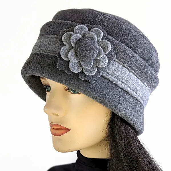 Fleece Fashion Toque with adjustable cuff, two tone grey with floral pin