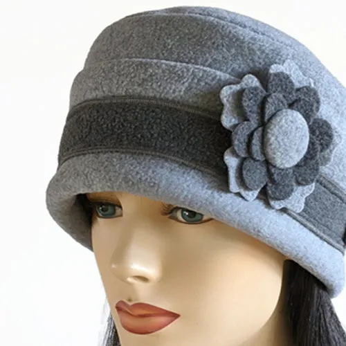 Fleece Fashion Toque with adjustable cuff, two tone grey with floral pin