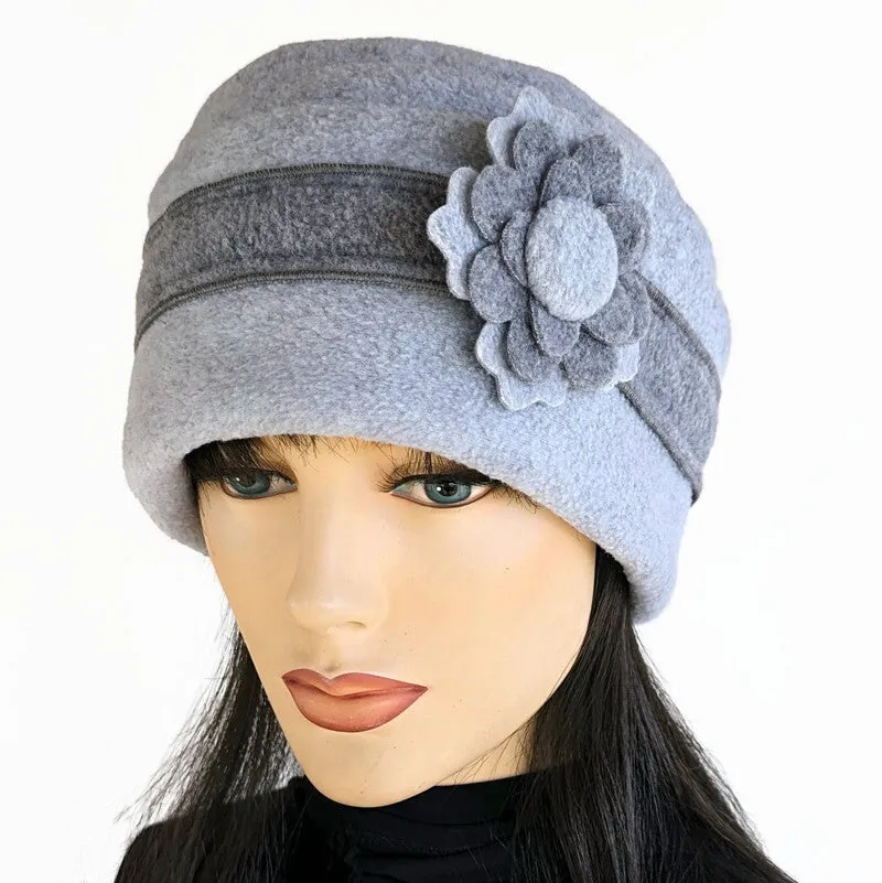 Fleece Fashion Toque with adjustable cuff, two tone grey with floral pin