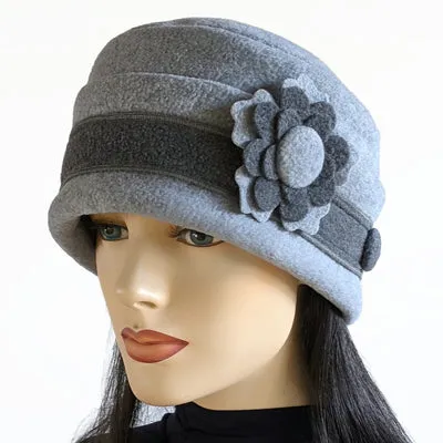 Fleece Fashion Toque with adjustable cuff, two tone grey with floral pin