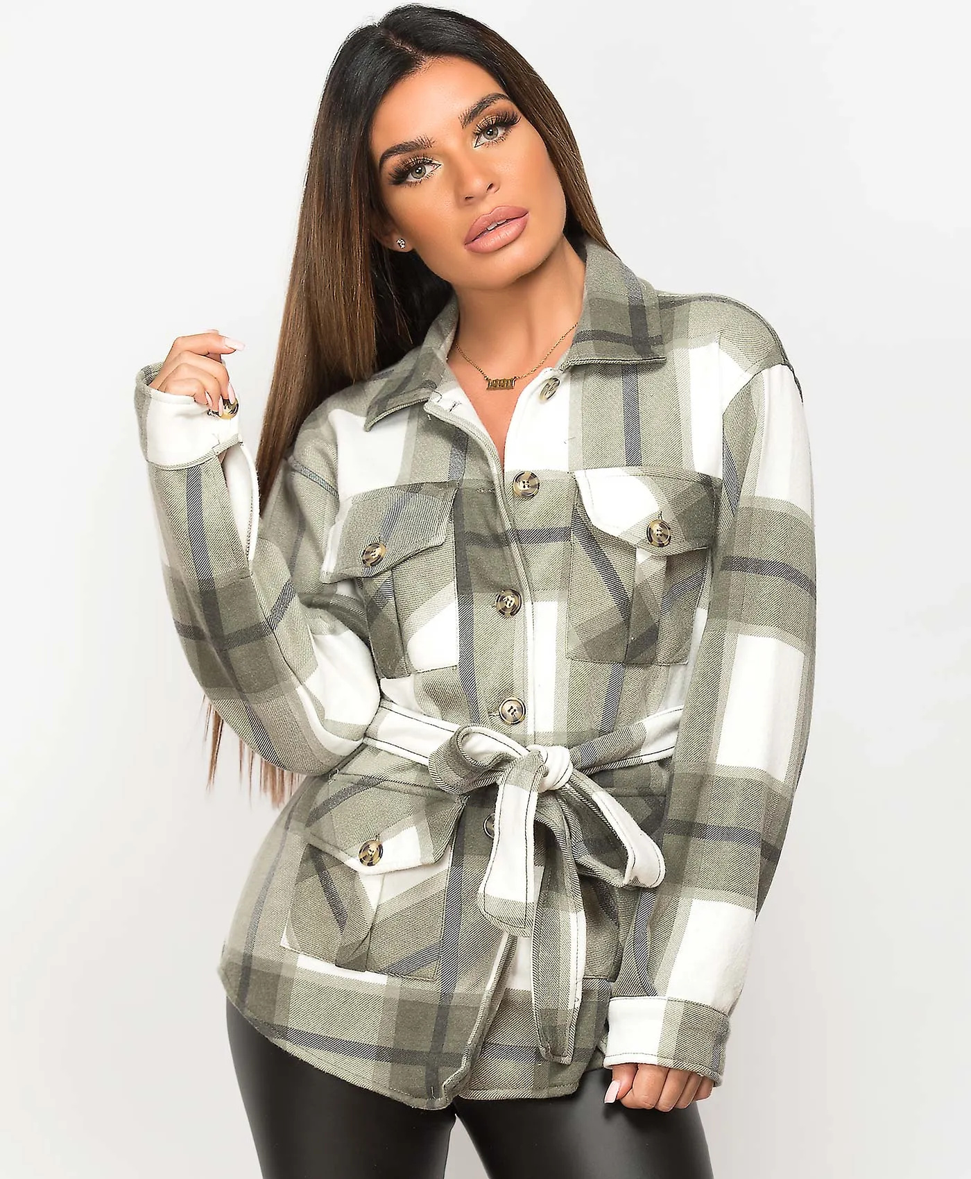 Fleece Oversized Belted Check Shirt Shacket