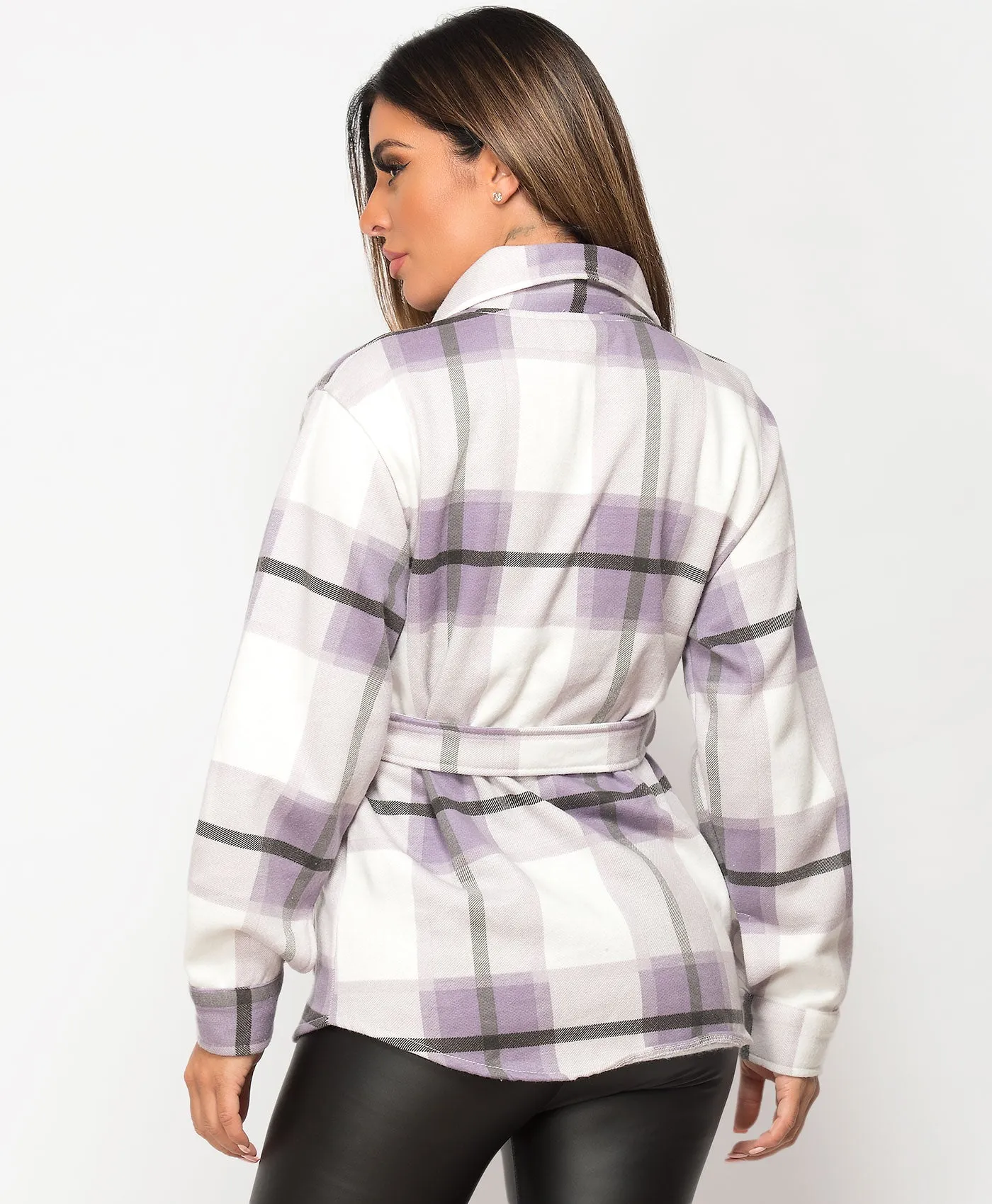 Fleece Oversized Belted Check Shirt Shacket