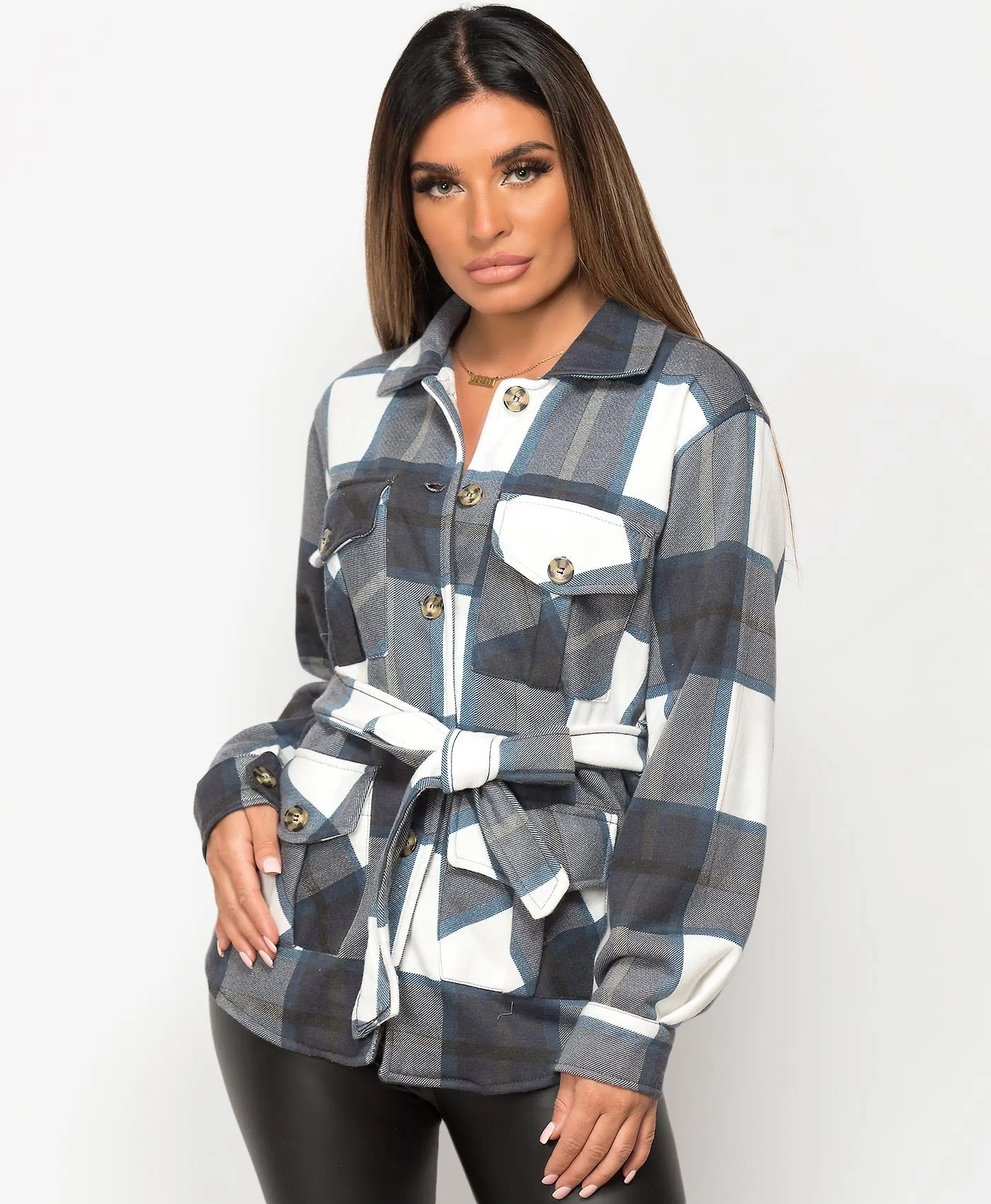 Fleece Oversized Belted Check Shirt Shacket