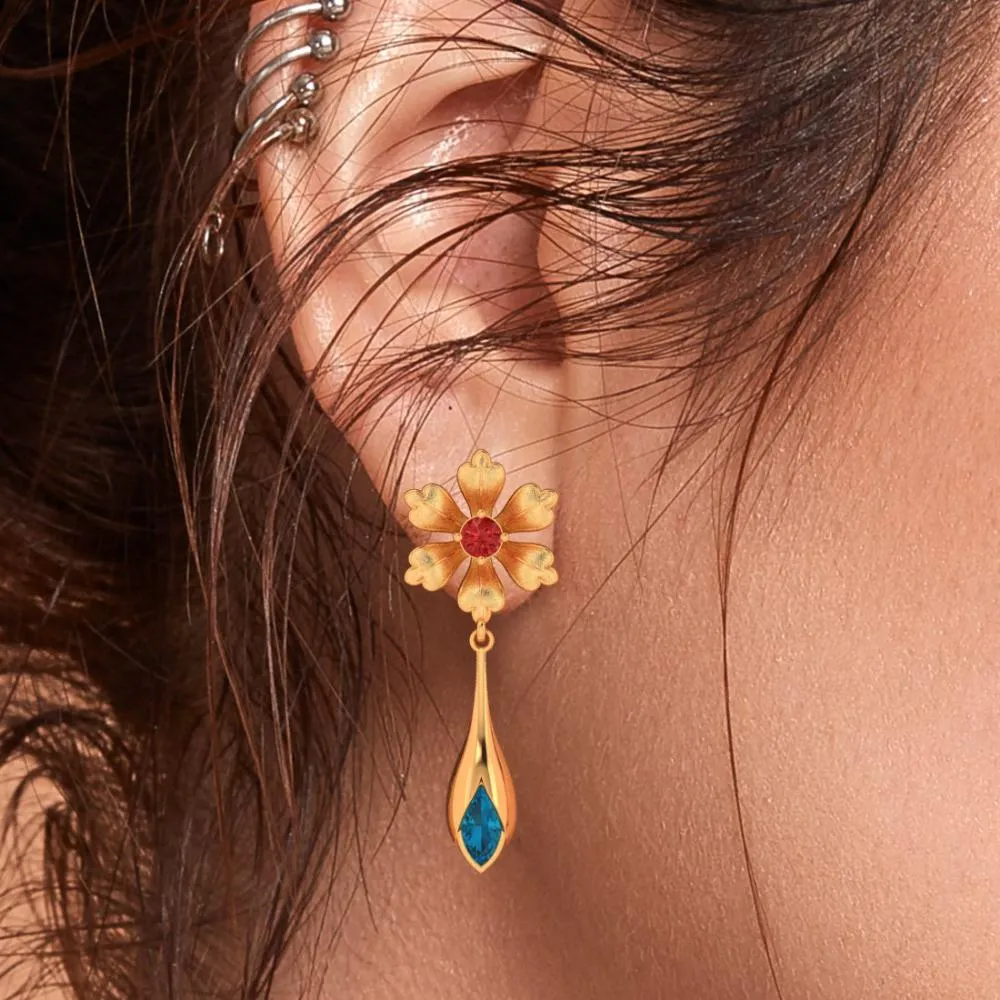 Floral Style 18k Gold Blue And Red Gems Earrings