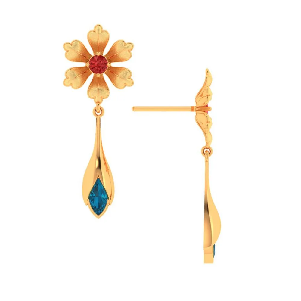 Floral Style 18k Gold Blue And Red Gems Earrings