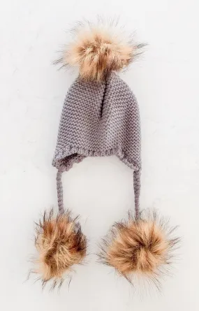 Furry Pom Pom Hat - Grey