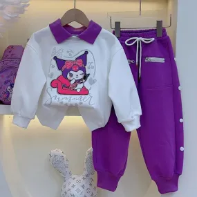 Girls Cartoon Printed Purple Tracksuit