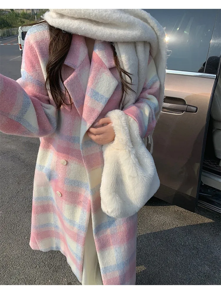 Gorgeous Rainbow woolen Women's long coat Korean style