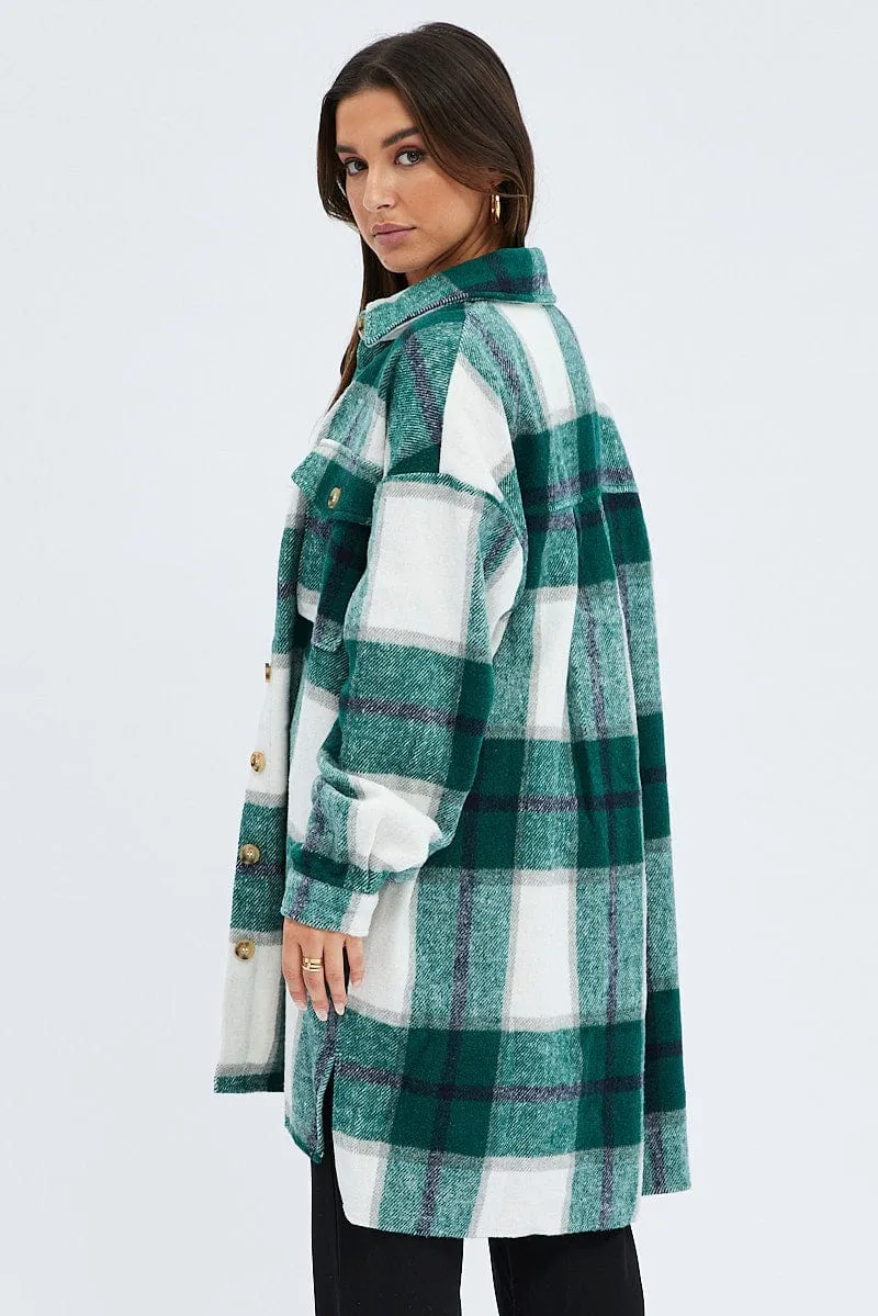 Green Check Long Shacket Long Sleeve