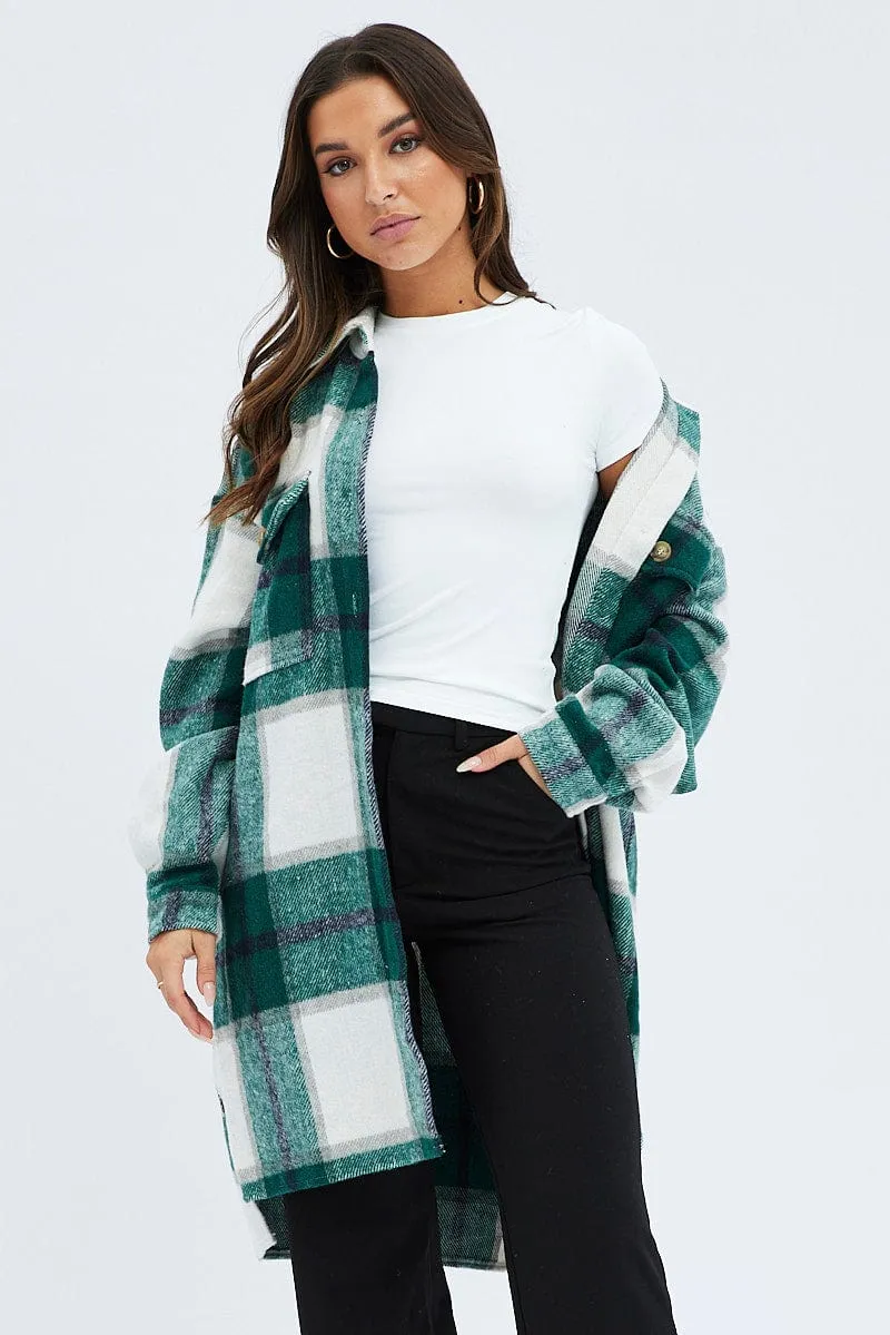 Green Check Long Shacket Long Sleeve