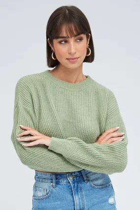 Green Knit Jumper Round Neck Long Sleeve Crop