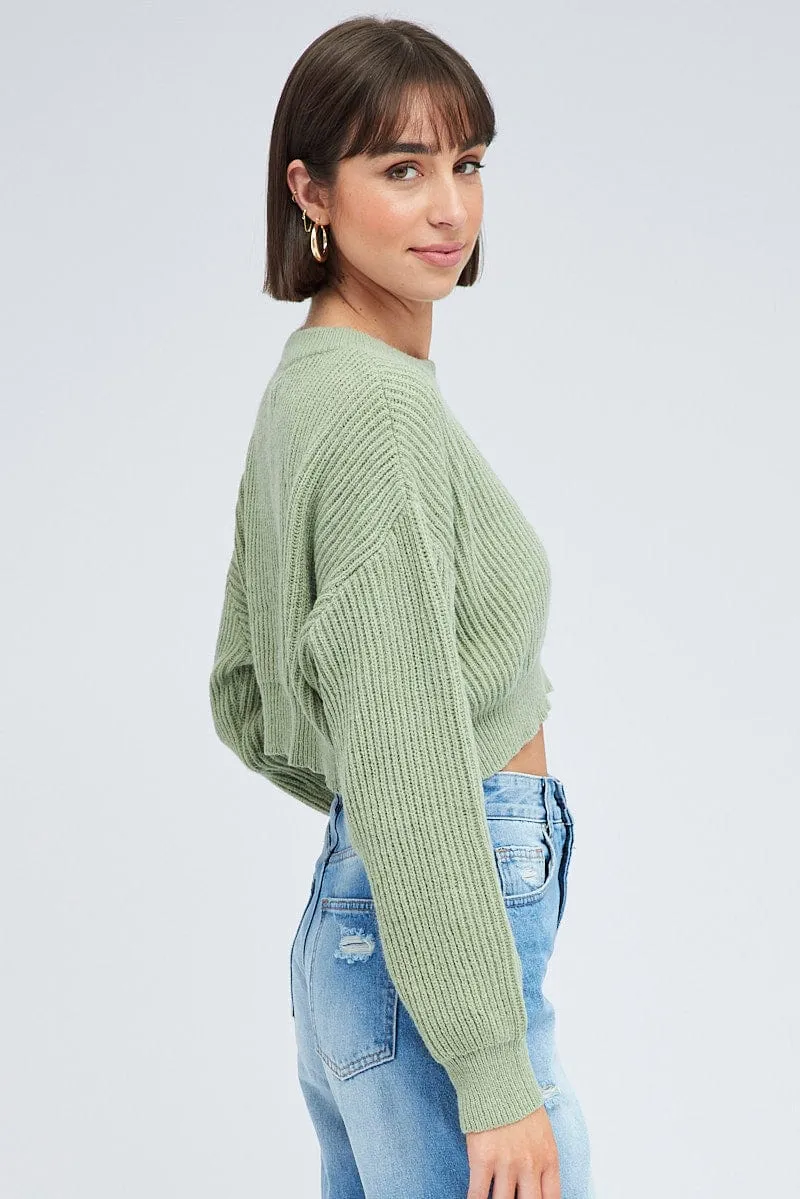 Green Knit Jumper Round Neck Long Sleeve Crop