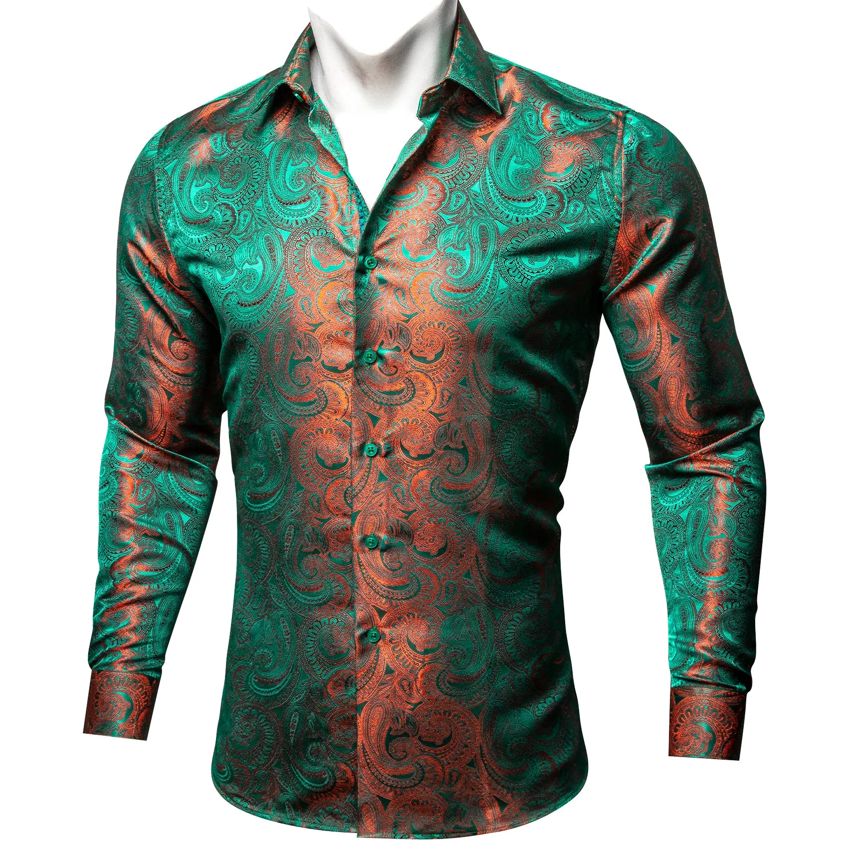 Green Orange Gradient Luxury Paisley Pattern Silk Men's Long Sleeve Shirt