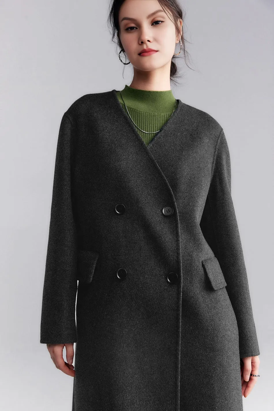 Grey Collarless Double Breasted Wool Cashmere Coat