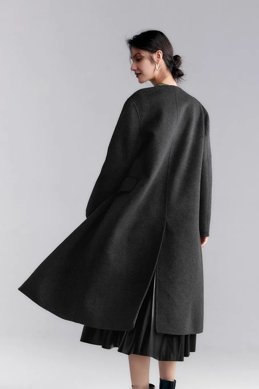 Grey Collarless Double Breasted Wool Cashmere Coat